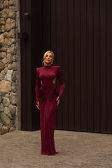 High-Neck Waist Cut-Out Ruched Maxi Dress