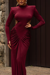 High-Neck Waist Cut-Out Ruched Maxi Dress