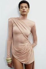 Mid-High Neck Wrap Style Long-Sleeve Mini Dress