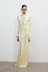 Deep V-Neck Long-Sleeve Waist Twist Draped Maxi Dress