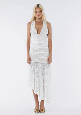 Deep V-Neck Sleeveless Asymmetrical Hem Lace Dress