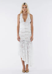 Deep V-Neck Sleeveless Asymmetrical Hem Lace Dress