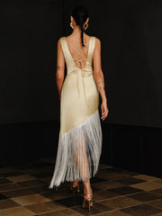 Bateau Neck Sleeveless Satin Fringe Splicing Dress