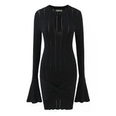 Open-Knit Ribbed Bell Sleeve Mini Dress with Hip Knot