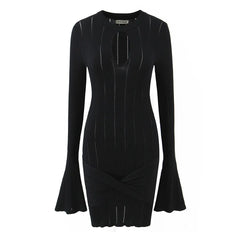 Open-Knit Ribbed Bell Sleeve Mini Dress with Hip Knot