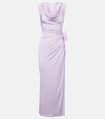 Draped Cowl Neck Side Slit 3D Floral Dress