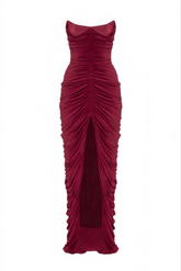 Strapless Front-Center Ruched Slit Evening Gown