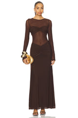 Mesh Splicing Round-Neck Long-Sleeve Ruched Dress