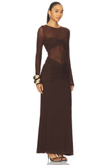 Mesh Splicing Round-Neck Long-Sleeve Ruched Dress