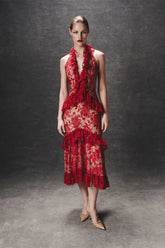 Lace midi dress with ruffles