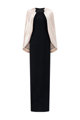 Satin Cape-Style Neckline Bow-Detail Maxi Evening Gown