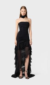 Bustier Chiffon Flounces Midi Dress