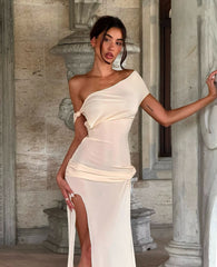 One-Shoulder Knot-Detail Waist-Knot Multi-Slit Bodycon Dress