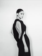 Crew-Neck Asymmetric-Sleeve Open-Back Black Knit Dress