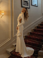 High-Neck Long-Sleeve Backless Asymmetric-Hem Bodycon Dress