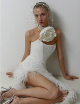 Strapless Feather-Trim Side-Slit Bodycon Dress