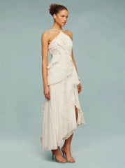 Double Tie Design Halter Spaghetti Strap Ruched Asymmetrical Hem Dress