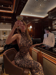 High-Neck Sleeveless Backless Ruched Leopard-Print Maxi Dress