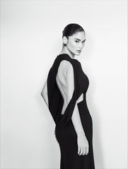 Crew-Neck Asymmetric-Sleeve Open-Back Black Knit Dress