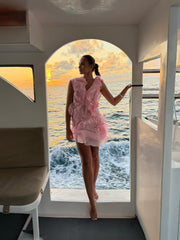 V-Neck Off-Shoulder Layered Ruffled Sleeveless Mini Dress