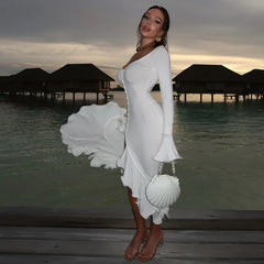 Sweetheart Neckline Long Sleeves Ruffled Cuffs Dress