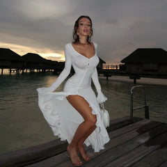 Sweetheart Neckline Long Sleeves Ruffled Cuffs Dress