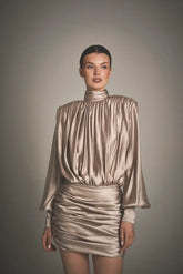 Satin ruched long-sleeve backless dress