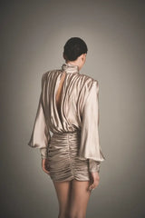 Satin ruched long-sleeve backless dress