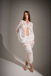V-Neck Front-Center Cut-Out Set-In -Sleeve Ruched Cocoon Lace Dress