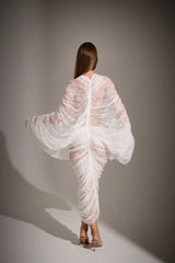 V-Neck Front-Center Cut-Out Set-In -Sleeve Ruched Cocoon Lace Dress