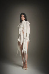 Cape Ruffle Collar Long-Sleeve Top & Shorts Set