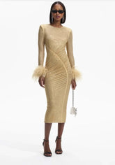 Bodycon Ruched Rhinestone Ostrich Feather Trim Dress