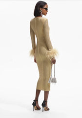 Bodycon Ruched Rhinestone Ostrich Feather Trim Dress