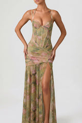 Halter-Strap Corset-Style Printed High-Slit Dress