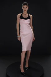 Halter Black-and-Pink Paneled Satin Midi Dress