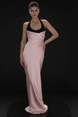 Halter Black-and-Pink Paneled Satin Maxi Dress