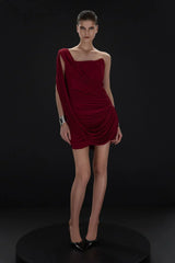 One-Shoulder Bandeau-Style Ruched Mini Red Evening Dress