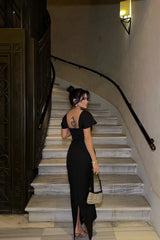 Square-Neck Rhinestone Bust and Shoulder-Drape Bodycon Maxi Dress