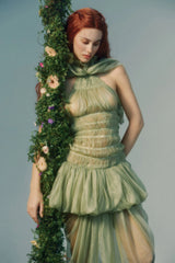 Halter Scarf-Style Backless Ruched Draped Crinkle Dress