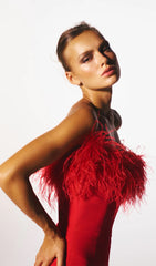 Lena Feather Trimmed Midi Dress Red