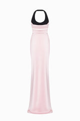 Halter Black-and-Pink Paneled Satin Maxi Dress