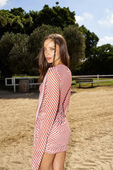 Crew-Neck Long-Sleeve Ruched-Hip Striped Mesh Resort Dress