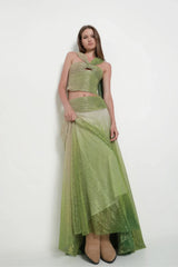Halter Bandeau-Style Ombre Cropped Top and Mid-to-High Rise Maxi Skirt Set