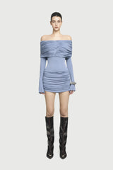 Off-Shoulder Ruched Knit Mini Dress