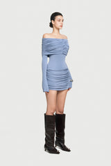 Off-Shoulder Long Sleeve Slight Flared Cuffs Ruched Bodycon Dress