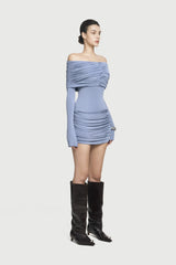 Off-Shoulder Ruched Knit Mini Dress