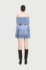 Off-Shoulder Long Sleeve Slight Flared Cuffs Ruched Bodycon Dress