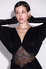 V-Neck Long-Sleeve Lace-Splicing Waist A-Line Mini Dress