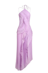 Double Tie Design Halter Spaghetti Strap  Ruched Asymmetrical Hem Dress