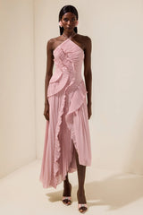 Double Tie Design Halter Spaghetti Strap  Ruched Asymmetrical Hem Dress
